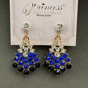 Princess Rhinestone Black Blue Clear Gold-tone Fashion Dangling Earrings NWT